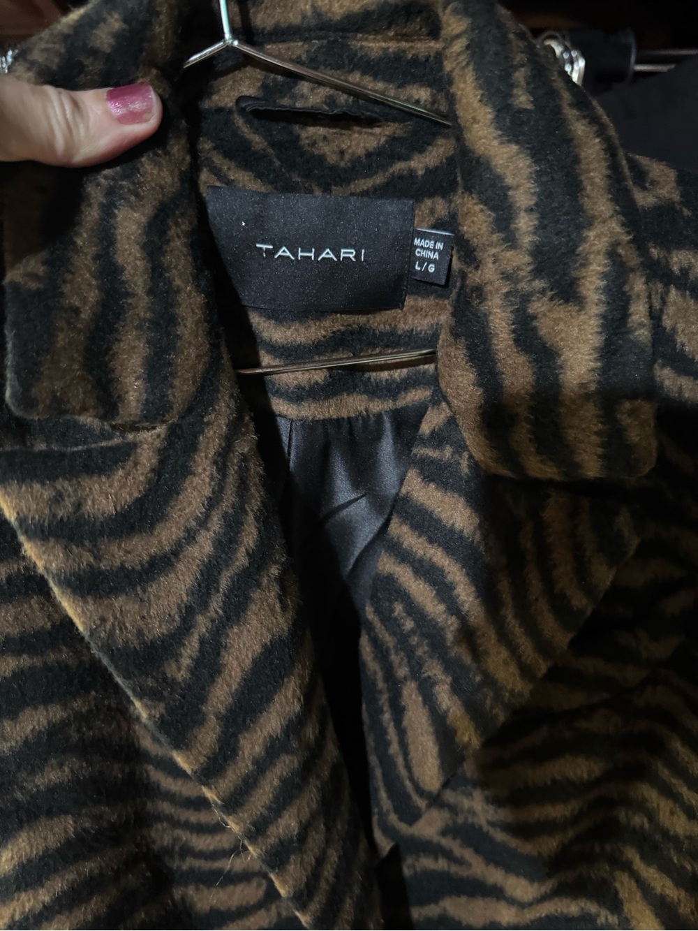 Tahari Brown and Black Zebra-Print faux fur coat Large NWOT